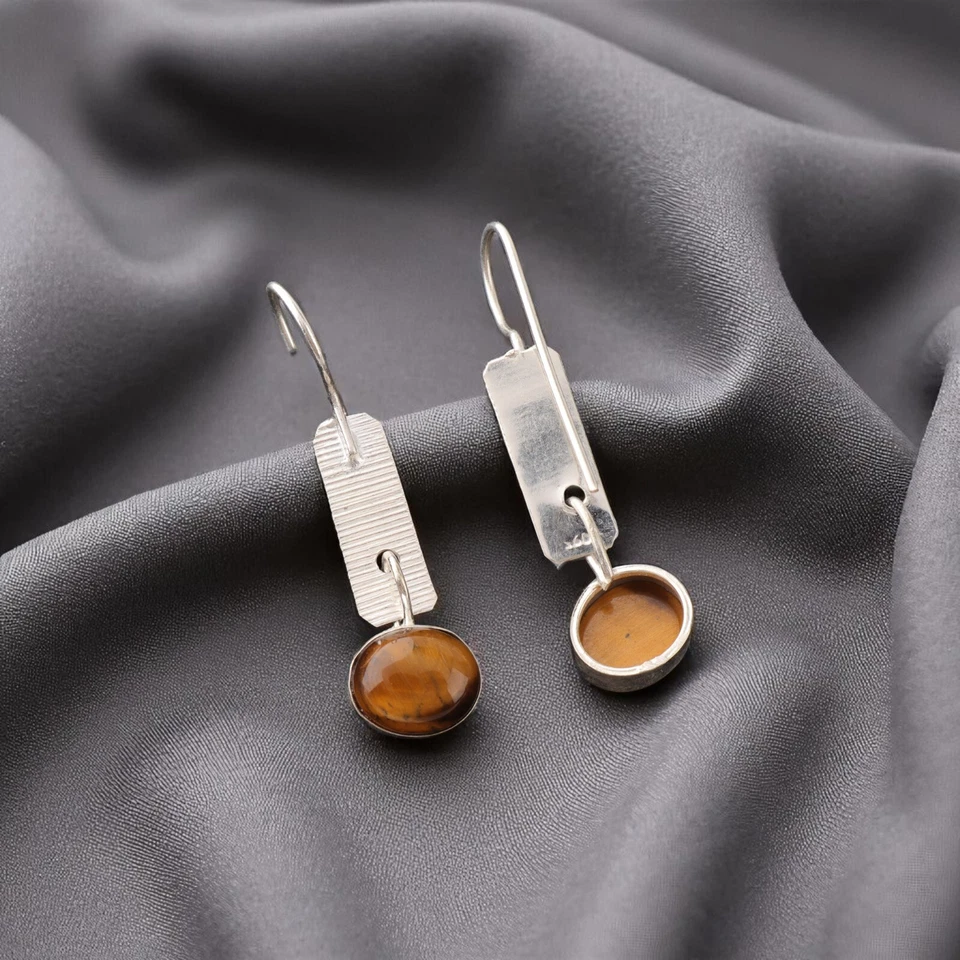 Pendientes de joyería de plata maciza 925 con piedras preciosas ojo de tigre amarillo para regalo Foto 2 de 4