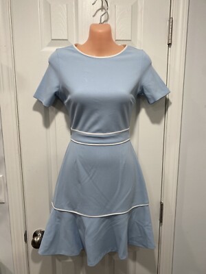 Aqua Womens Piped Short Sleeve Flounce Dress Blue M