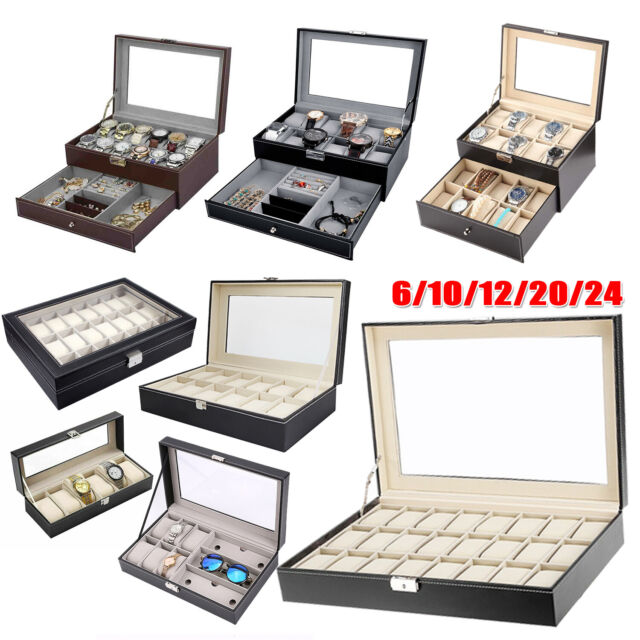 6-24 Grid Glass Faux Leather Watch Case Organiser Wristwatch Storage Display Box ZV10816