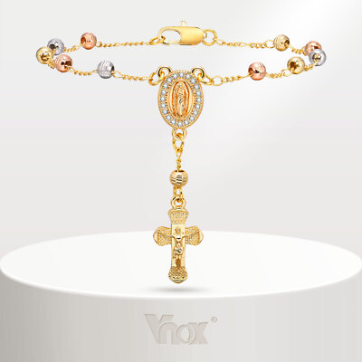 Vnox Virgin Mary Bracelet Maria Rosary Crucifix Cross Tricolor Bead Chain Gold