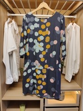 WHITE STUFF DRESS SHIFT SIZE UK 12 GREY SPOT PRINT 3/4 SLEEVE PEPLUM HEM VISOCE