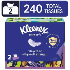 Kleenex Ultra Soft Facial Tissues, 2 Flat Boxes, 120 Tissues per Box, 3-Ply.