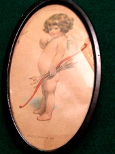 Antique Bessie Pease Gutmann Cupid Print Blk Metal Frame In 'As Found' Condition
