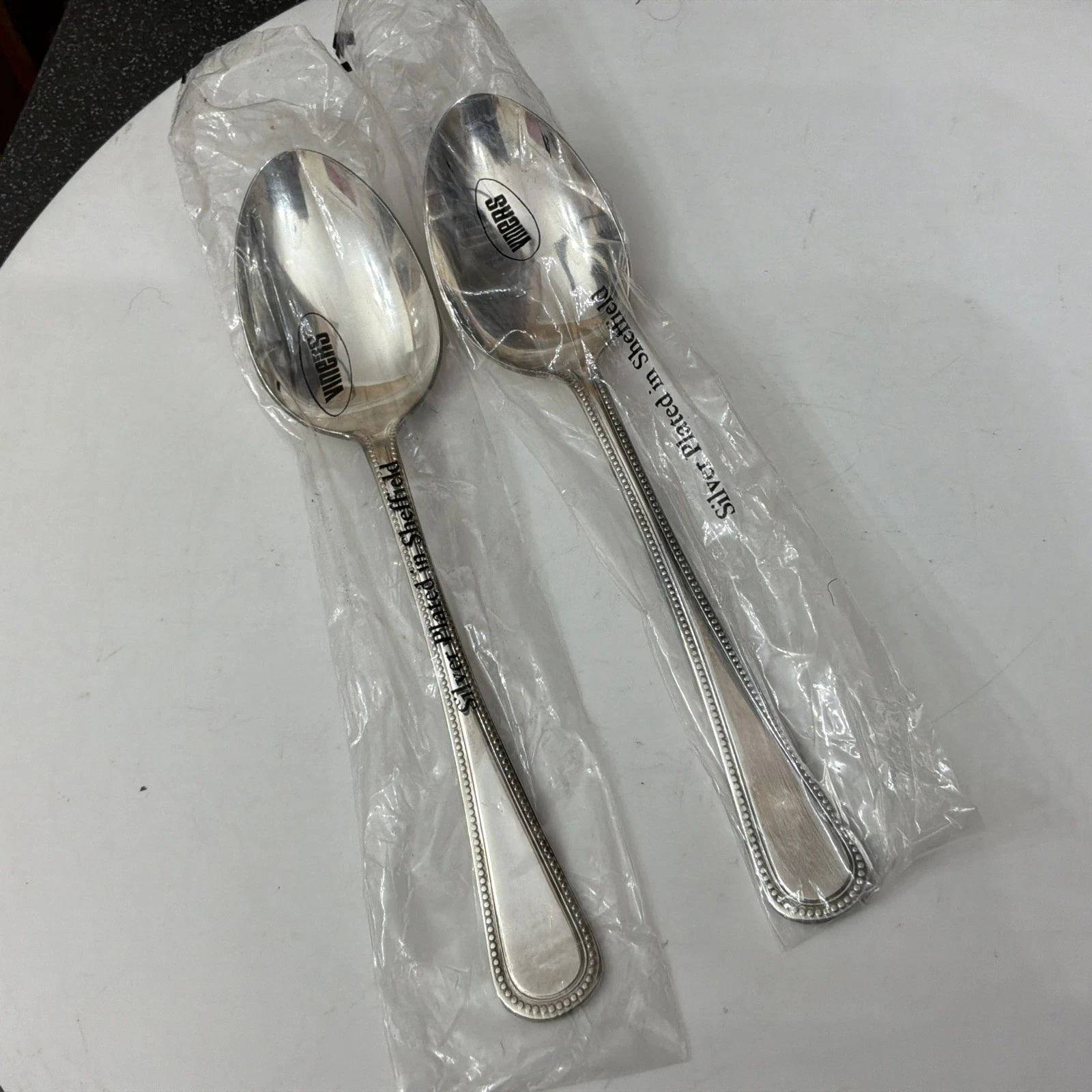 Vtg 2 VINERS Bead Beaded Silver Plate 22cm Tablespoons Serving Spoons Cutlery