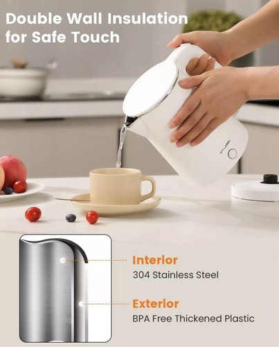 Bollitore Elettrico Acciaio Inox, 1.0L Piccolo Bollitore Acqua Bollitore Rapido Bianco - Foto 2 di 15