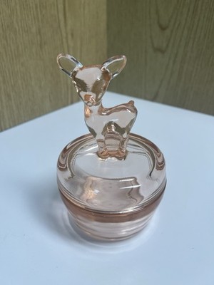 1940's Jeannette Glass Blush Pink Deer Fawn Top Trinket Box~ Powder Jar VGC