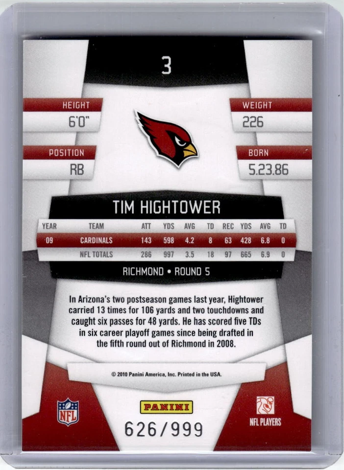 2010 Panini Certified #3 Tim Hightower Platinum Red #/999 - Image 2 of 2