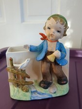 RARE Vtg Napco Ceramic Planter Boy Near Fence & Bird.  *READ