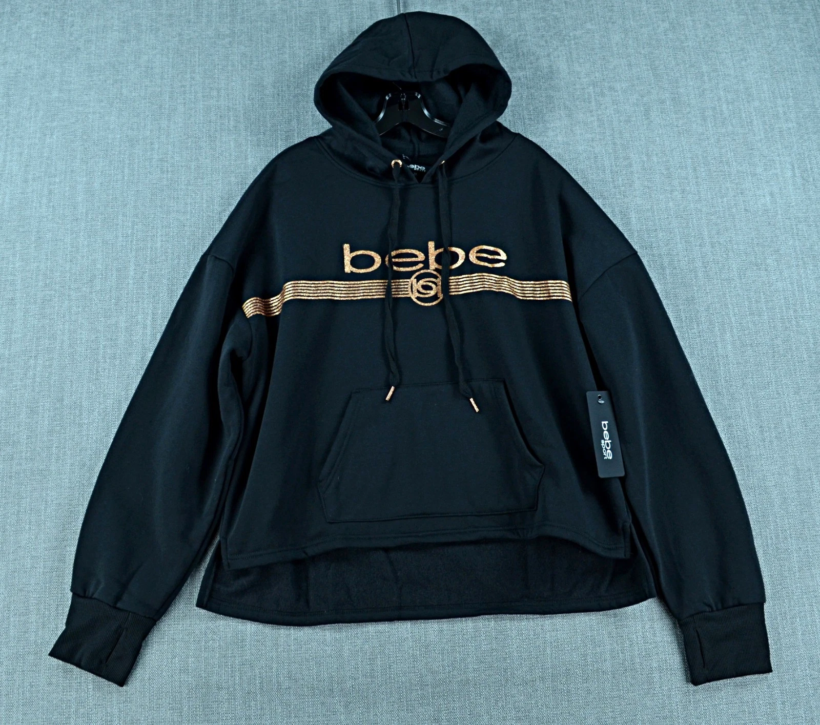 BEBE Sport Hoodie Women's 2X Black Pullover Hooded Sweatshirt Glitter Logo NWT