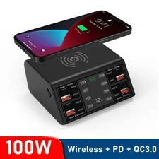 New 100W 8 Ports Multi USB PD QC3.0 Fast Charger Phone Wireless Charging Station