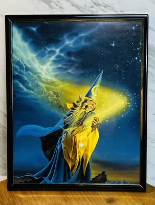 Kirk Reinert Fantasy Art ''The Wizard'' Magic Stars Night on Glass Frame NEW 10 x8