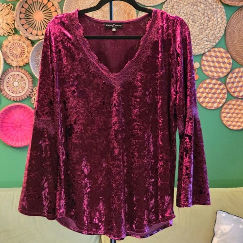 Almost Famous Velvet Bell Sleeve Blouse, Lace Trim, Boho Gothic, Black, Size 1x