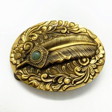 Feather & Jade Solid Brass Belt Buckle Western Cowboy Boucle Vintage Antique