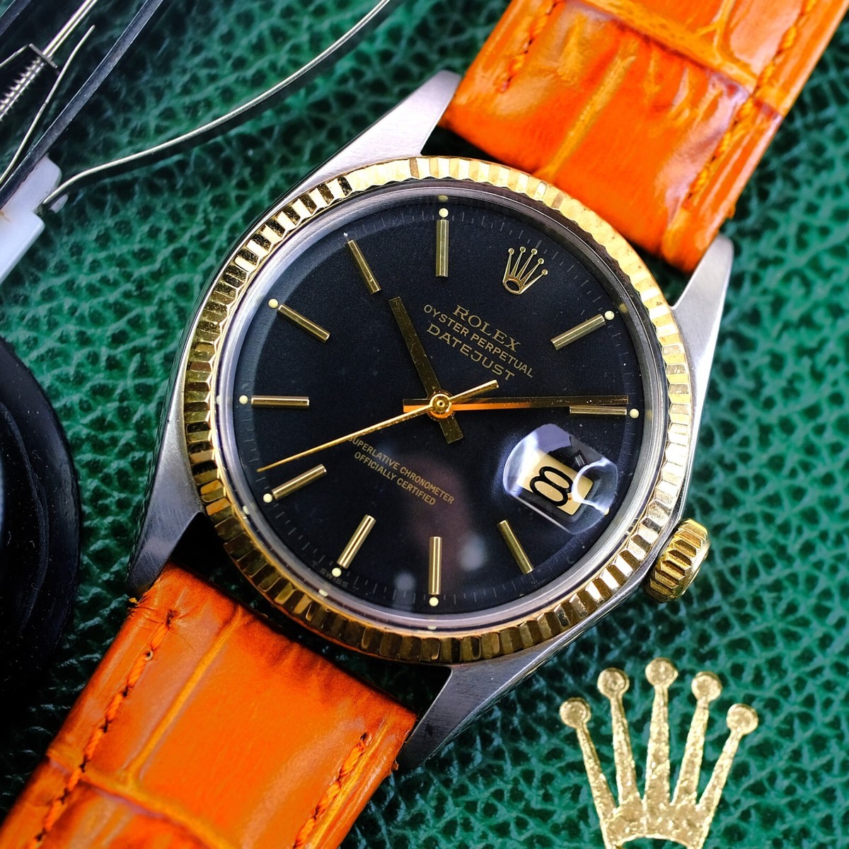 Rolex 1601 Datejust 36mm Black Dial 18K YG Fluted Bezel Orange 