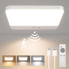 LED Motion Sensor Ceiling Light – Battery Operated, 3 Color Modes, Remote, Recha