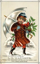 1890s Large Victorian Trade Card. Christmas. LB Warner's Gifts. Boy w/Umbrella