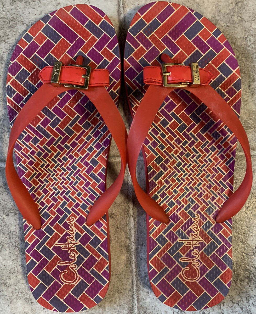 Cole Haan Womens Red Geometric Gold Buckle Flip Flop Sandals  display picture 2