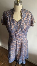 Vintage All Blue Floral Lace Dress Peach Satin Lining Short Sleeves 43” L  33” W