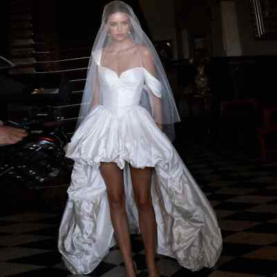 Short Front Long Back Wedding Dresses Taffeta Zipper Back Pleat Bridal Gowns  | eBay