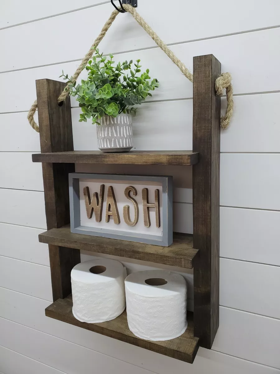 Bathroom Shelf Organizer With Towel Hooks, Modern Farmhouse, Gray Bathroom  Wall Decor Storage, Country Apartment Decor 