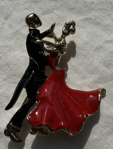 Dancing Couple Red And Black Enamel On Gold Tone Brooch Pin