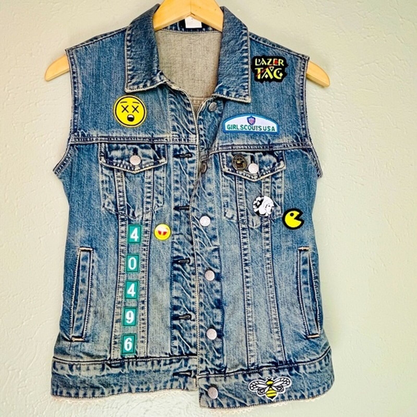 Custom Denim Jean Battle Vest Distressed Back Pat… - image 1