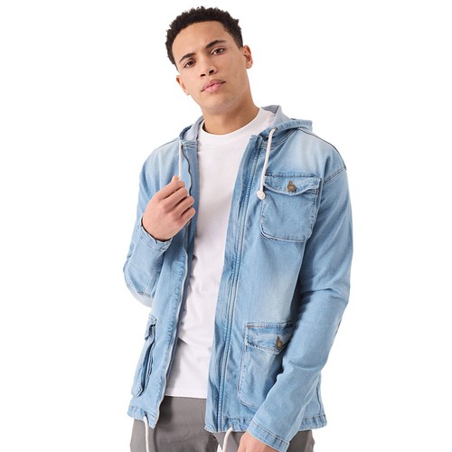 JMOJO Mens Denim Hooded Jacket Warm Trucker Durable Hoodie Winter Sleeves Coat - Picture 20 of 33