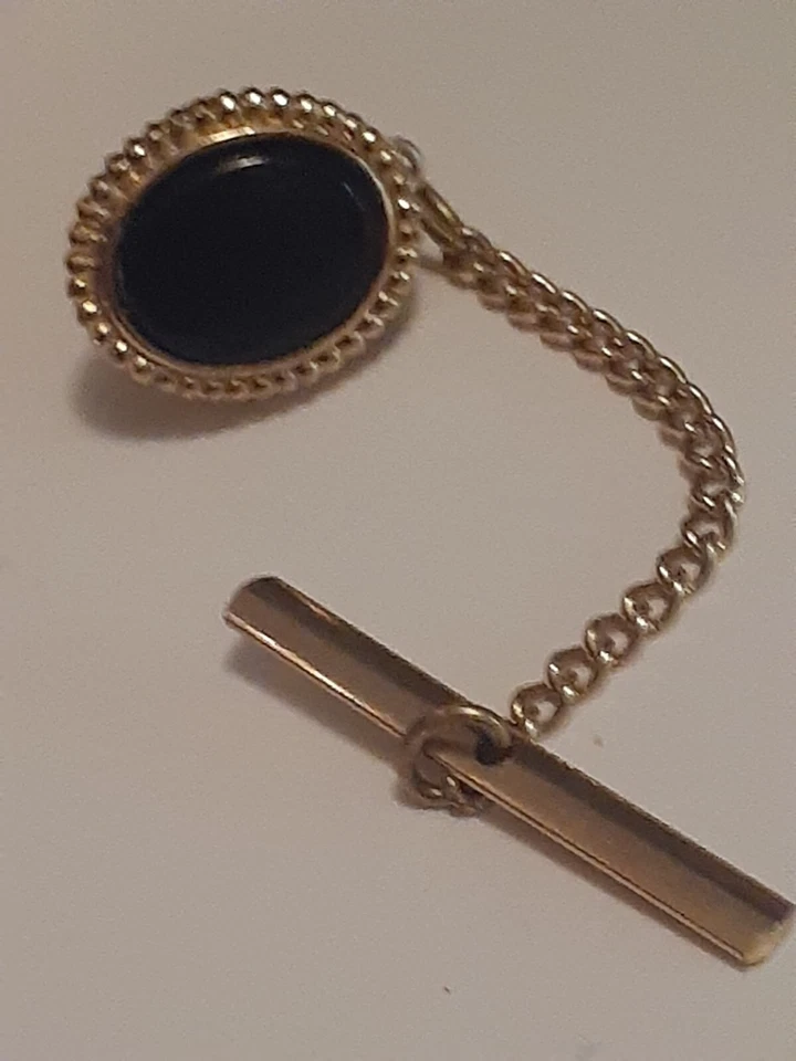Avon Cuentas de Vidrio Negro Tono Dorado Metal Tie Tack con Cadena Foto 2 de 4