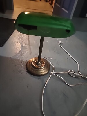 Vintage Bankers Desk Lamp Emerald Green  Glass Shade Brass Base Library Office
