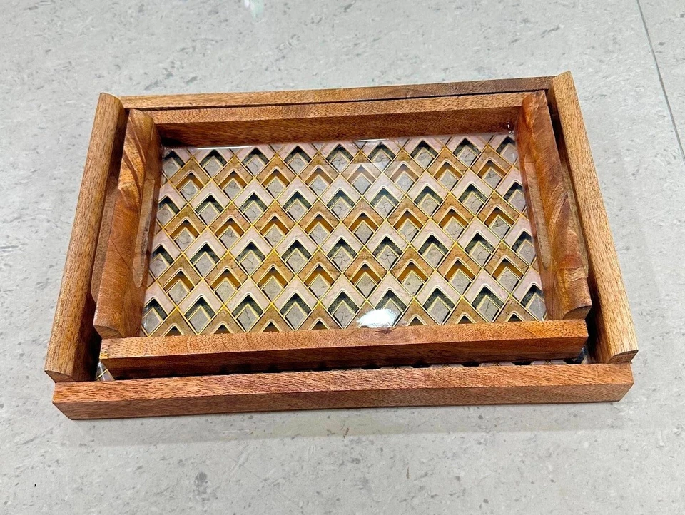 Kitchen & Dining Wooden Serving Tray Set of 2 - Large Tray with Handles 16" x 13 - Image 3 of 4