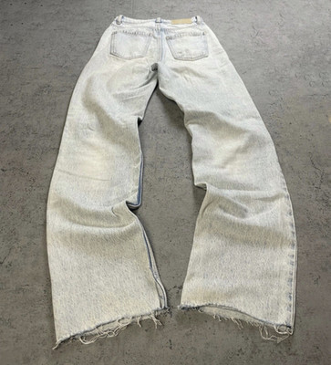 Damen Jeans Denim hellblau Distressed Ripped Fransensaum Wide Leg XS L70