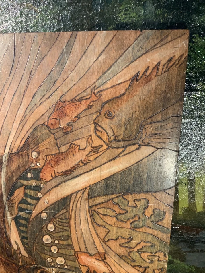 Ancienne gravure sur bois, pyrogravure art nouveau, mérou fonds marin 42 x 30 cm - Photo 3/4