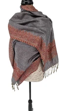 Pashmina Scarf Wrap Gray Red Rust Paisley 72" X 27" Fringe Great