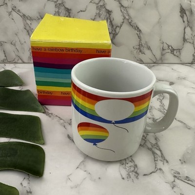Russ Vintage 80s Rainbow Coffee Mug Birthday Balloons Colorful Stripe Cup |  eBay