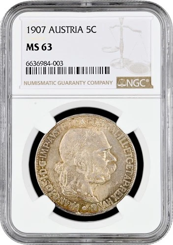 Austria 5 corona 1907, NGC MS63, "Emperor Franz Joseph I (1848 - 1916)"