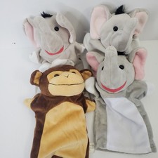 Children's Hand Puppet Lot Of 4 - 3 Elephants, 1 Monkey Zoo Animals Mitt Style