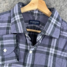 Proper Cloth Shirt Mens 17.5 31.5 Blue Plaid Linen Stretch Long Sleeve Button