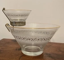 MCM Anchor Hocking Frosted Ring Starburst Gold Rim & Stars Chip Dip Set 1950