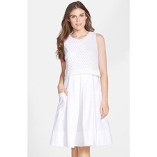Eliza J Eyelet Detail Fit and Flare Knee Length Dress White Pockets Size 12