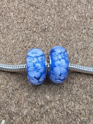 2 X AUTHENTIC BLUE MURANO WHITE FLOWER EUROPEAN CHARM BEAD LOT STERLING SILVER