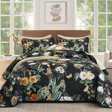 Black Floral Quilt King Size 3 Pieces,Garden Style Bontanical Bedspread with Col
