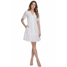 ELIZA J SIZE 10 SHORT SLEEVE WHITE FLORAL BURNOUT SHIRTDRESS BUTTON FRONT NWT