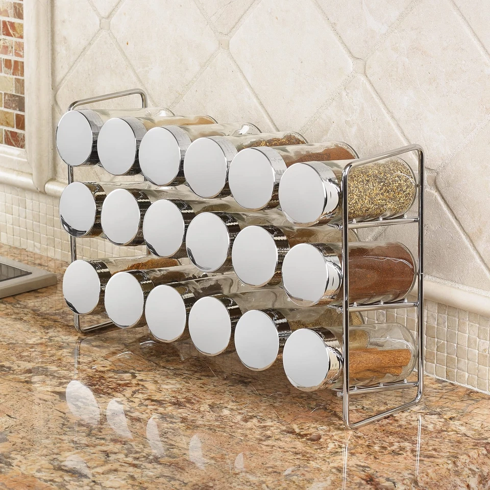 Estante compacto para especias cromado de 18 frascos, tarro de vidrio de 18-5 onzas tiene coctelera perforada... Foto 2 de 4