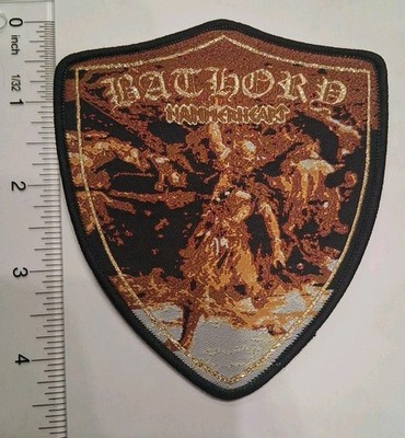 Bathory Hammerheart Shield Shaped Woven Patch Metallic GOLD Logo