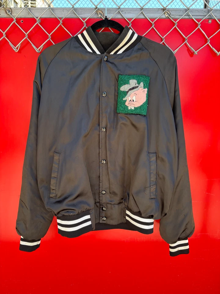Chaqueta Looney Tunes Bordada Nylon Estilo Universitario Años 70 Hecha en EE. UU. Grande Negra  Foto 2 de 4