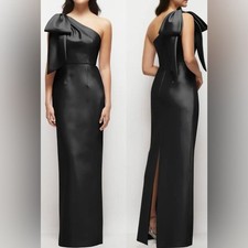 NEW Alfred Sung Bow Detail One-Shoulder Satin Twill Column Black Gown Sz 4