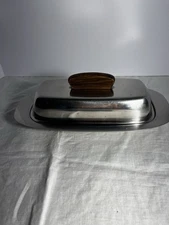 Selandia Stainless Steel Butter Dish 8.5” Wood/Teak Handle No Glass Tray Denmark