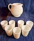 VINTAGE FENTON MILK GLASS HOBNAIL BALL SQUAT PITCHER W/ 7 MATCHING TUMBLERS