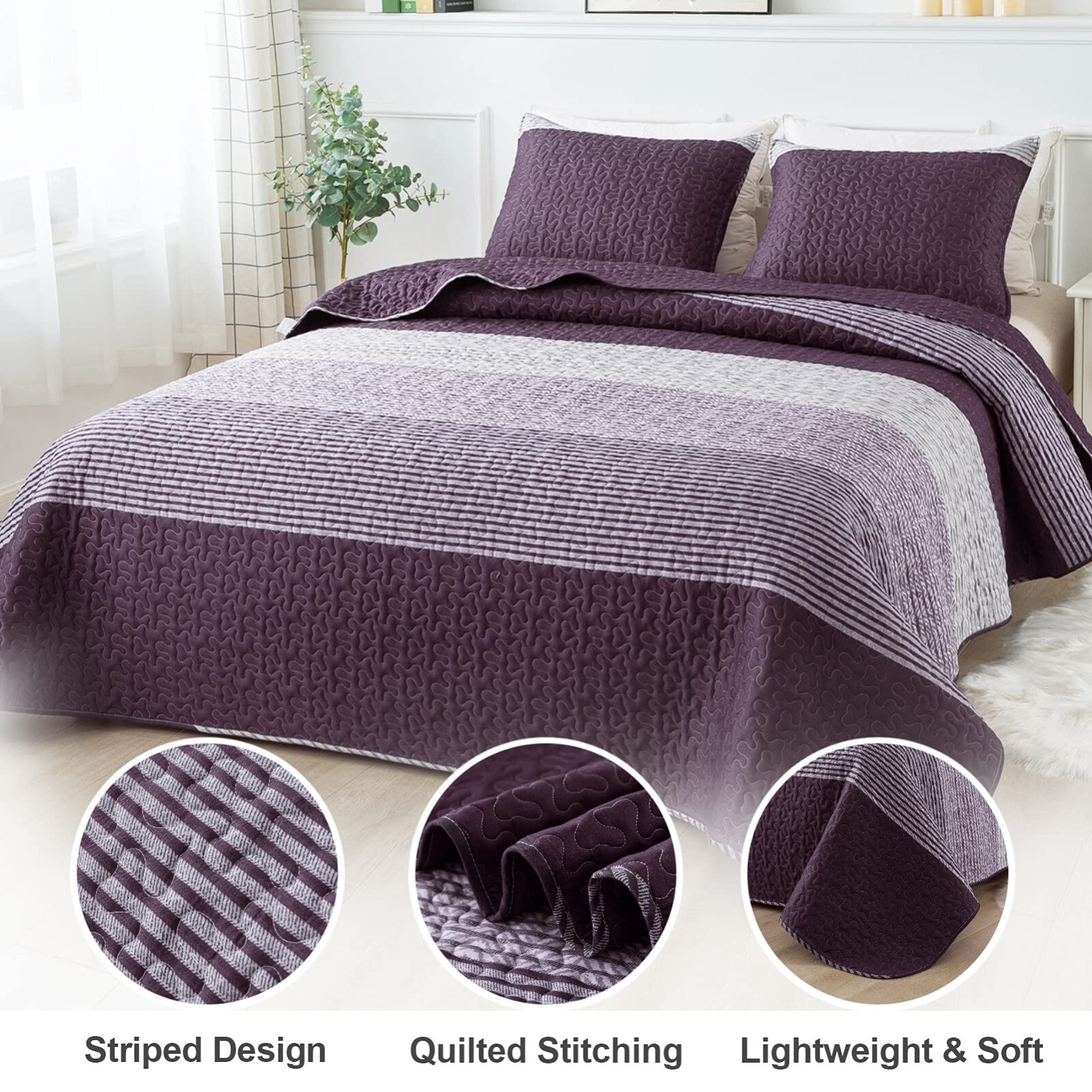 Stripes Quilted Bedspread Set Coverlets Throw Rug 230x250cm Bedding