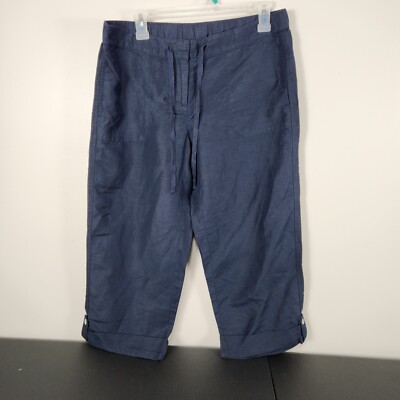 J Jill Womens 10 New Blue Navy Silk Linen Blend Wide Leg Capri Pants Button Cuff